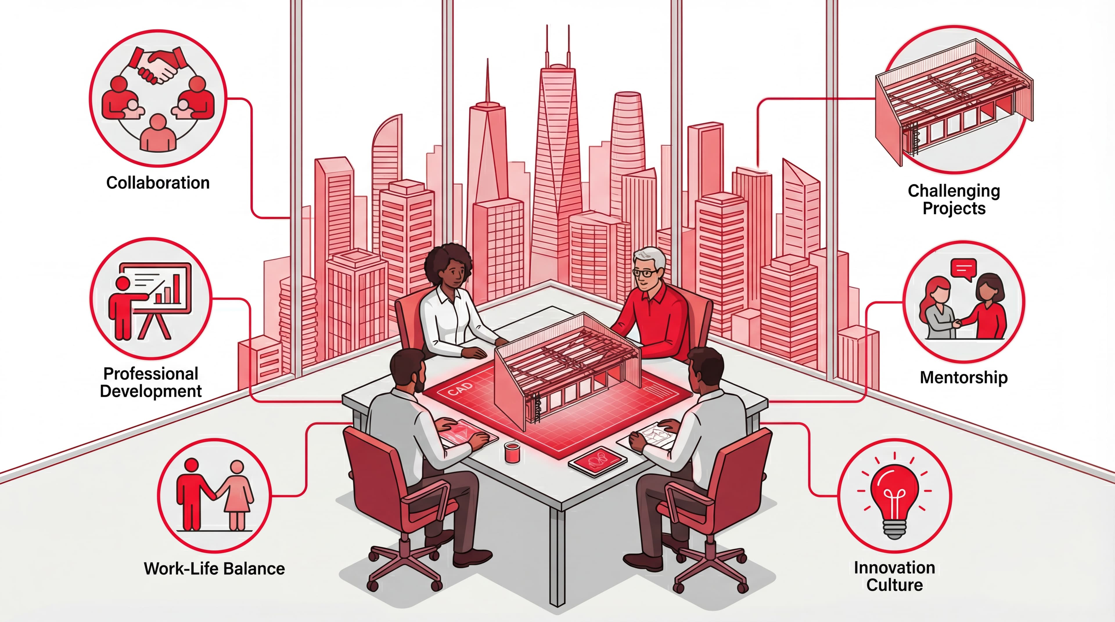 Infographic showing MacLeod Jordan company values: Collaboration, Challenging Projects, Mentorship, Innovation Culture, Work-Life Balance, and Professional Development